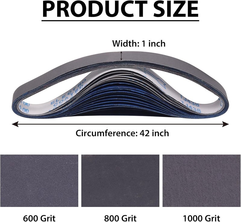 SHUTTLE GENIUS 15 Pack 1 x 42 Inch Silicon Carbide Sanding Belts, 1x42 Knife Sharpening Sanding Belt, 5 Pcs Each of 600, 800, 1000 Grits Sanding Belt for Belt Sander - Image 2